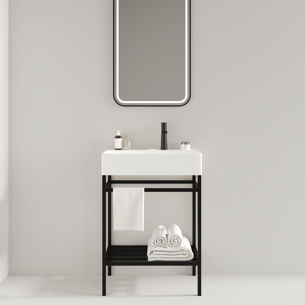 LOFI 24" Bathroom Vanity with Ceramic Basin, Freestanding Bathroom Console Sink Set, Glossy Purple Rectangular Ceramic Basin without Faucet, Open Metal Leg, Storage Shelves, Gold Color