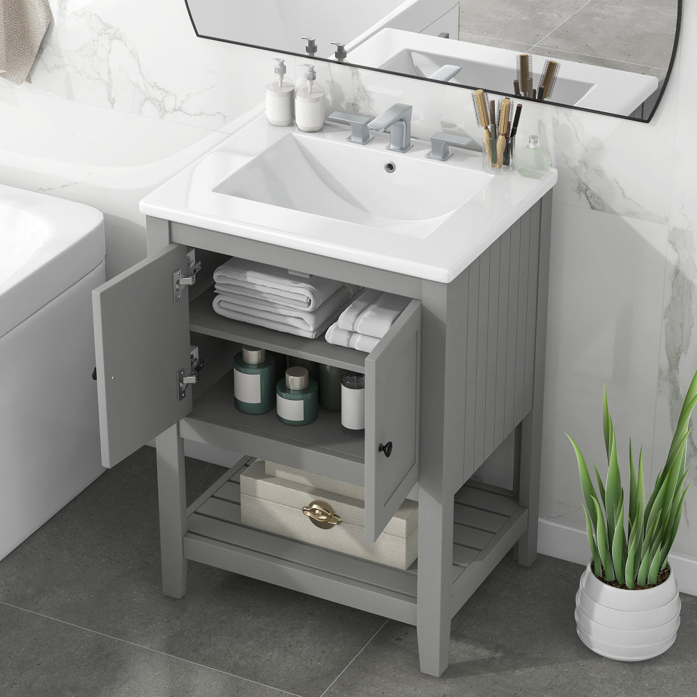 [VIDEO] 24" Brown Modern Sleek Bathroom Vanity Elegant Ceramic Sink with Solid Wood Frame Open Style Shelf (OLD SKU: JL000004AAD)