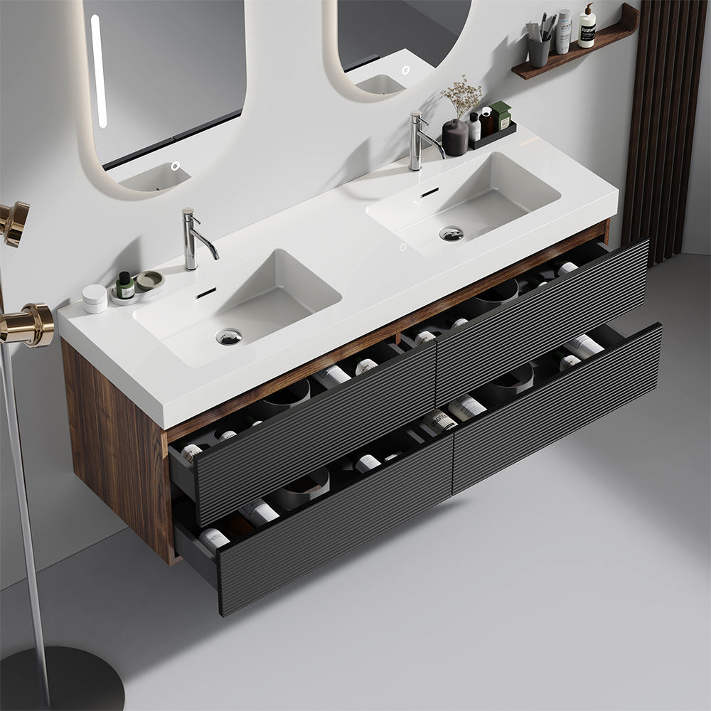 Grace 60" Walnut Bathroom Vanity with Glossy White Solid Surface Sink and Soft Black Drawers, Wall Mounted Floating Bathroom Vanity for Modern Bathroom, One-Piece Glossy White Basin, Pre-assembled