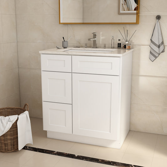 30 in. W x 21 in. D x 34.5 in. H in Shaker White Plywood Ready to Assemble Floor Vanity Sink Base with Left Door