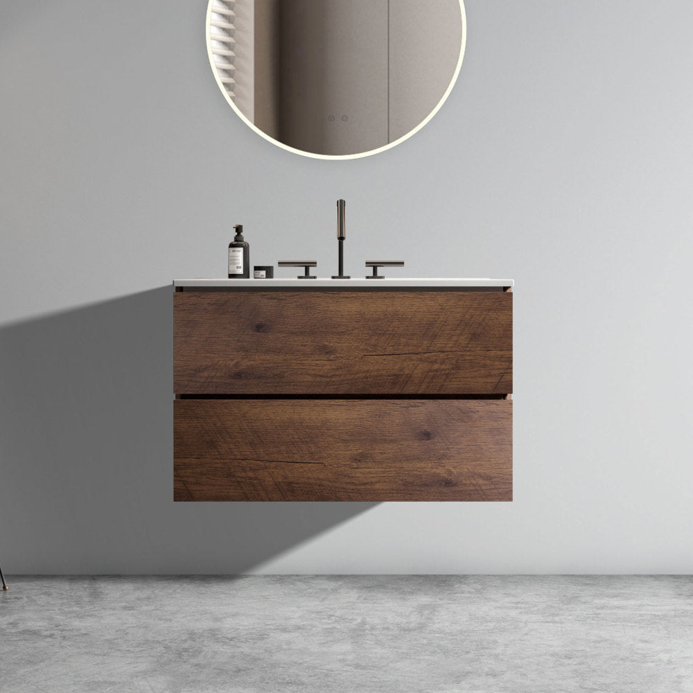 Wall Mount 30" Natural Oak Bathroom Vanity with Ceramic Sink with three faucet holes, Large Storage Floating Bathroom Vanity for Modern Bathroom, Pre-assembled