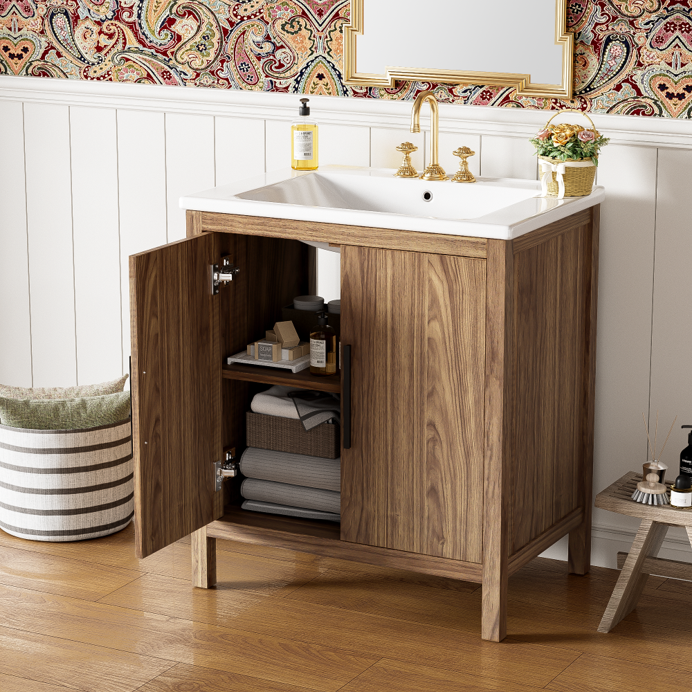 30" Wood Color Bathroom Vanity with Single Sink, Combination Under Counter Sink, Bathroom Storage Cabinet with Soft Closing Door, Multi-Function Storage, Solid Wood Frame