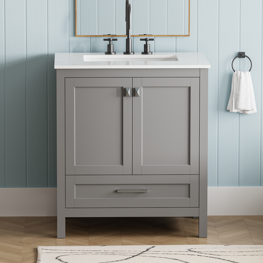 30" Freestanding Bathroom Vanity with Sink, Carrara Engineered Marble Vanity Top with Under-mounted Rectangular Ceramic Sink, Large Storage Soft-Close Door, Solid Wood Frame, Grey 24V03-30GR