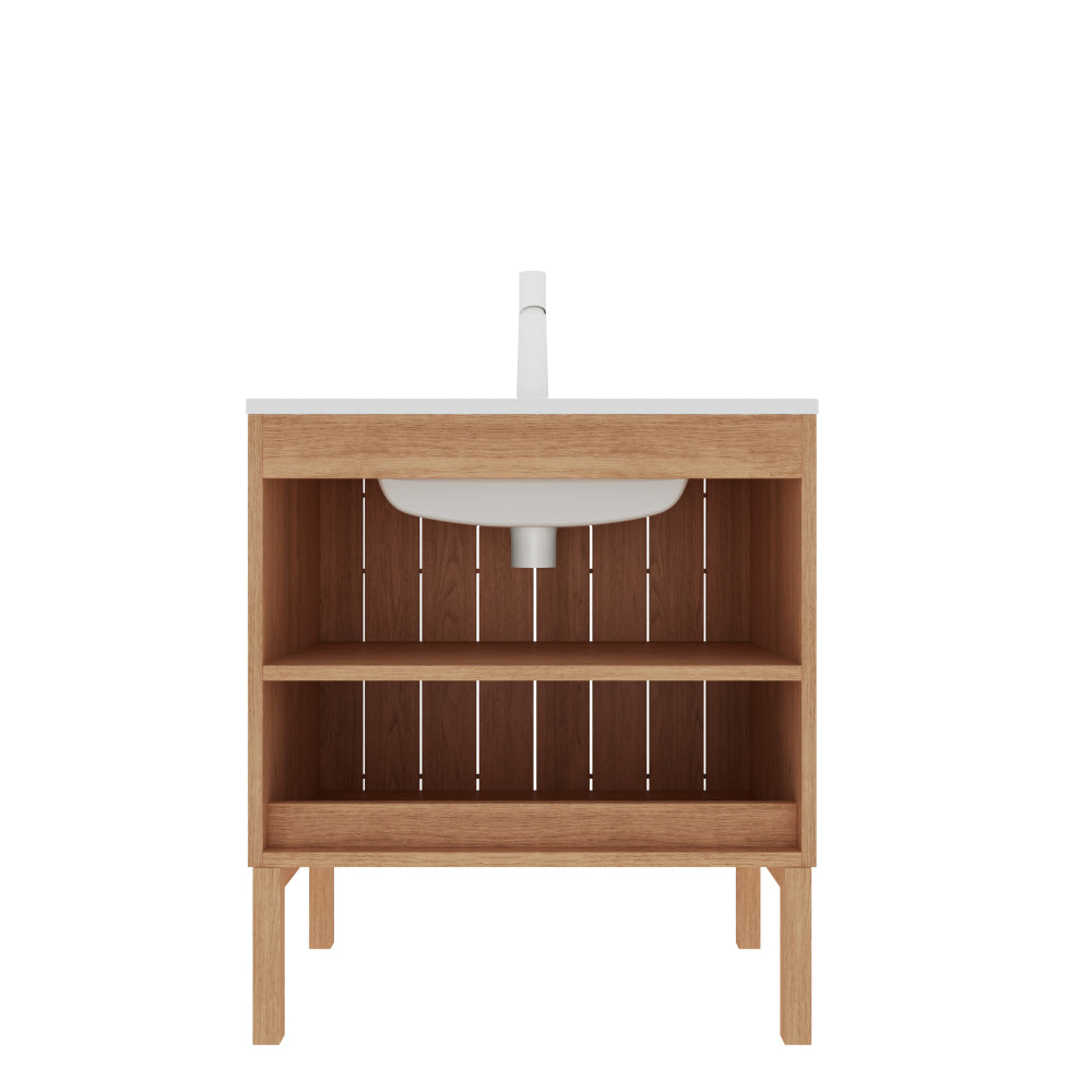 NIKO 30" Bathroom Vanity with Sink, Modern Freestanding Bathroom Storage Cabinet with Double Doors, White Ceramic Basin without Faucet, Natural Wood Woodgrain Color