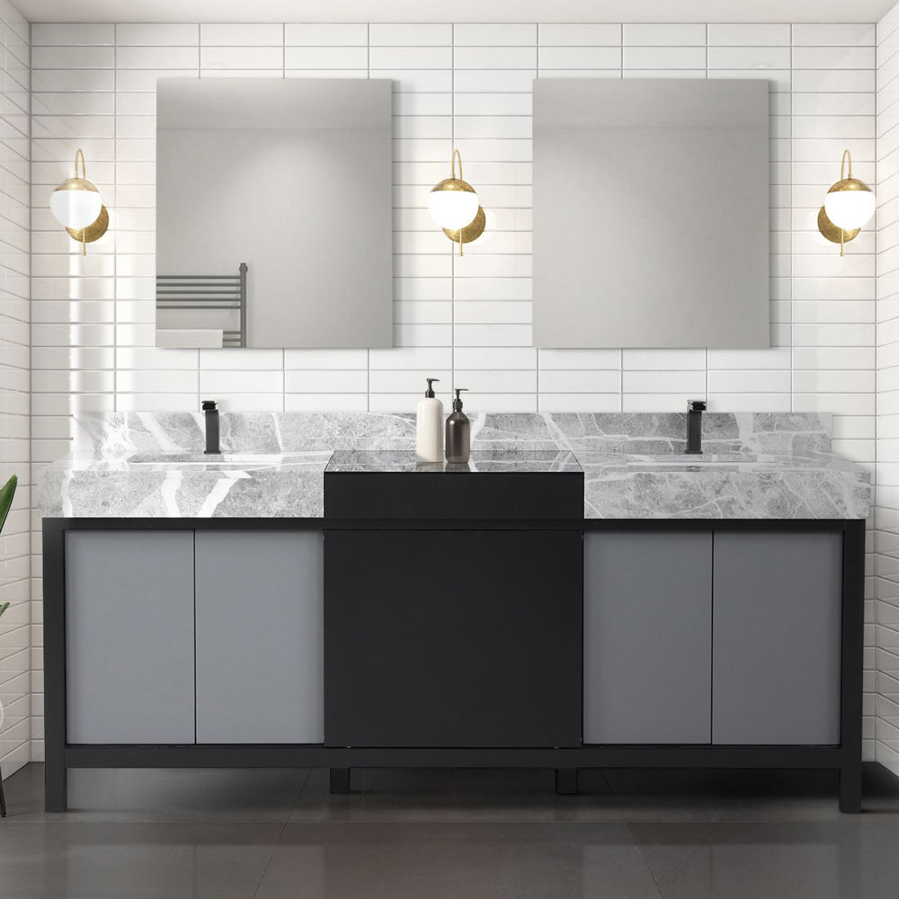 Black and Grey Double Bath Vanity 55 in. W x 22 in. D, Castle Grey Marble Top, Gun Metal Faucet Set and 53 in. Mirror
