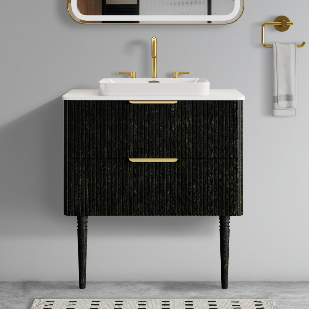 Elena 30" Striped Black Oak Bathroom Vanity with Ceramic Sink, Freestanding Bathroom Vanity for Modern Bathroom, Pre-assembled