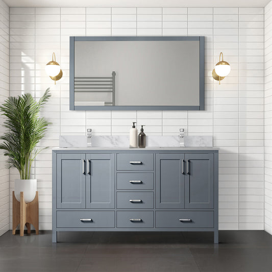 Dark Grey Double Bath Vanity 72 in. W x 22 in. D, Carrara Marble Top, Faucet Set, and 28 in. Mirror