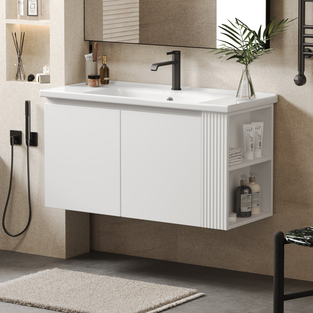 30" Antique Bathroom Vanity with Ceramic Sink, Mid-Century Modern Bathroom Vanity Cabinet with 2 Soft-Close Doors and Large Storage Space, Retro Freestanding Single Bathroom Vanity Set, Natural Brown