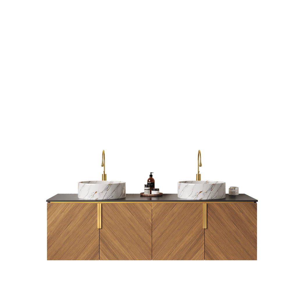 ARAI 60" Bathroom Vanity with Sink, Modern Wall-Mounted Plywood Bathroom Storage Cabinet with 4 Doors, Black Sintered Stone Countertop and 2 White Round Ceramic Basins, Espresso Woodgrain Color