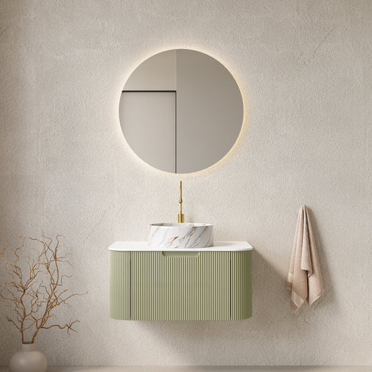 DINA 30" Bathroom Vanity with Sink, Wall-Mounted Floating Curved Edges Striped Bathroom Storage Cabinet with Drawer, White Round Ceramic Basin with Stone Pattern, Pre-assembled, Light Green Color