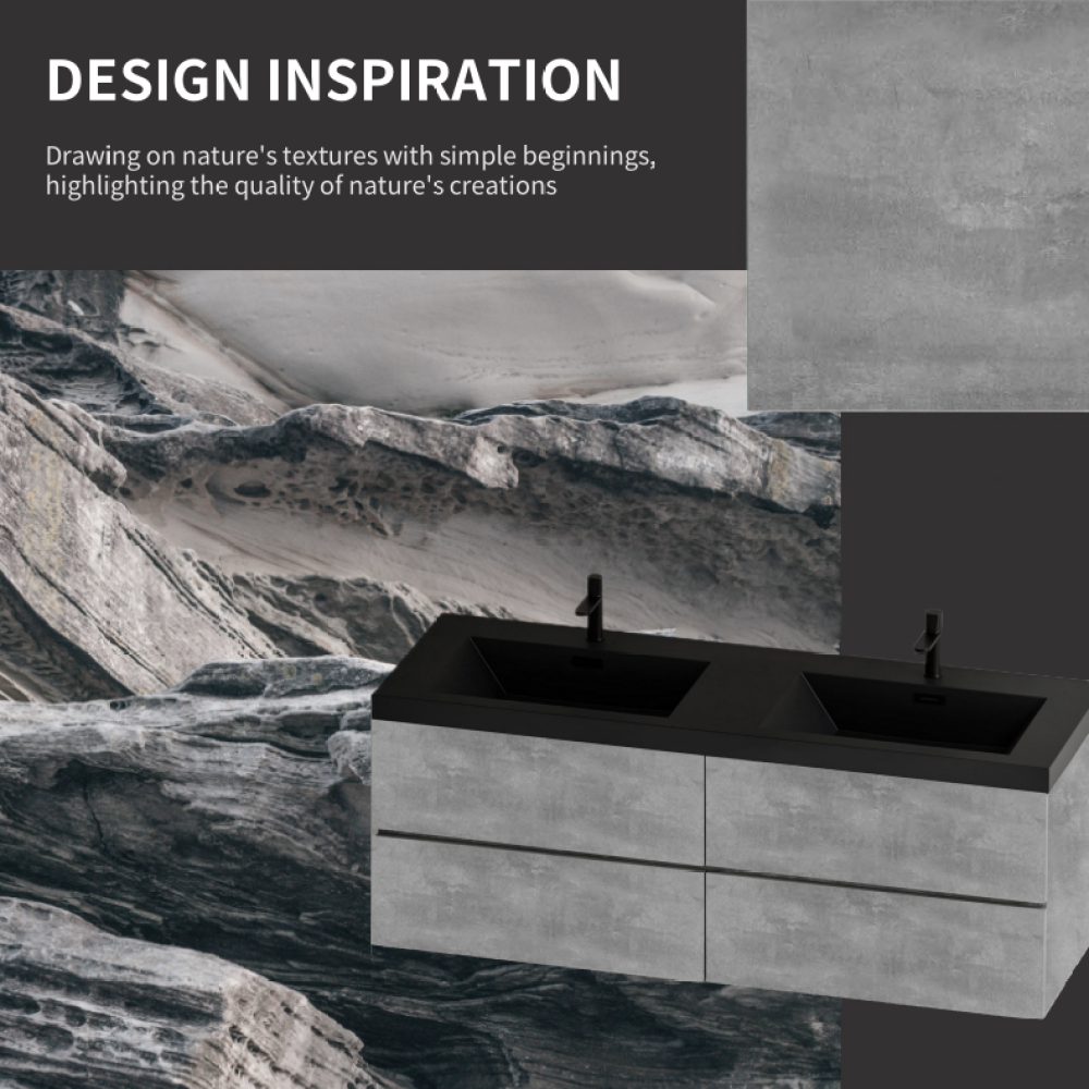 60" Floating Bathroom Vanity with Sink, Modern Wall-Mounted Bathroom Storage Vanity Cabinet with Double Black Quartz Sand Top Basins and Four Soft Close Drawers, EDI-Series Cement Grey 24V12-60GR