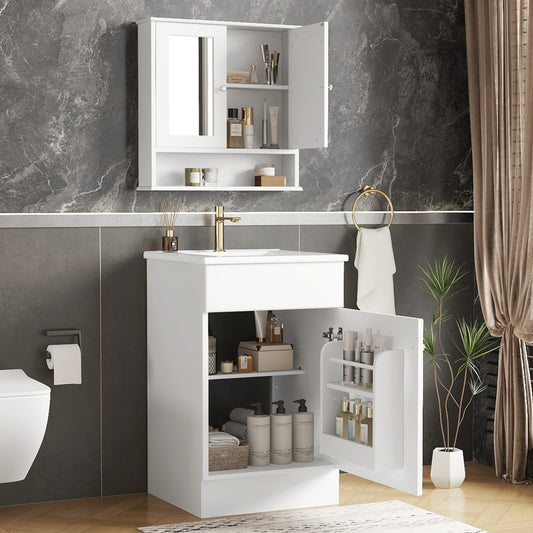 20" Bathroom Vanity with Matching Mirror Medicine Cabinet Combo Set, Modern Bathroom Storage Cabinet with Ceramic Sink, Wall-Mounted Medicine Cabinet for Bathroom, White