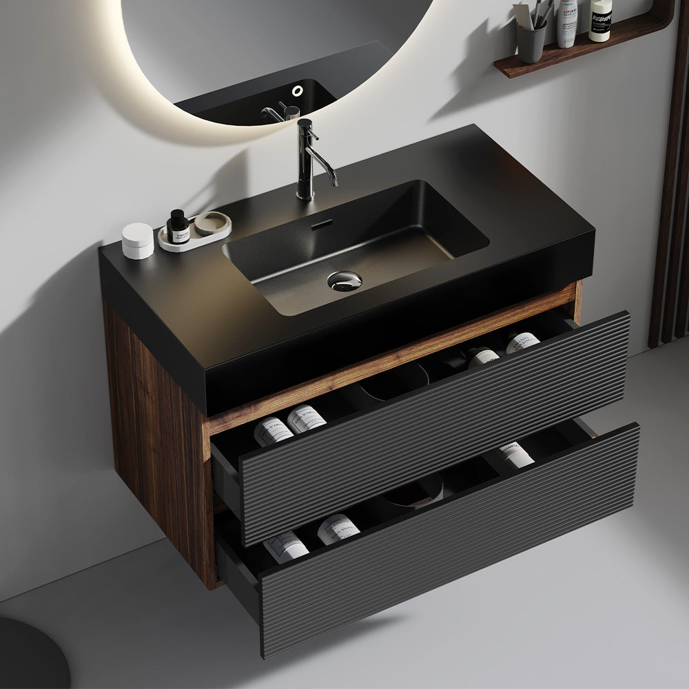 Grace 60" Walnut Bathroom Vanity with Glossy White Solid Surface Sink and Soft Black Drawers, Wall Mounted Floating Bathroom Vanity for Modern Bathroom, One-Piece Glossy White Basin, Pre-assembled