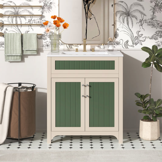 30'' Bathroom Vanity Cabinet with Ceramic Sink Combo Set, Solid Wood Frame Modern Bathroom Storage Cabinet with Height Adjustable Shelf