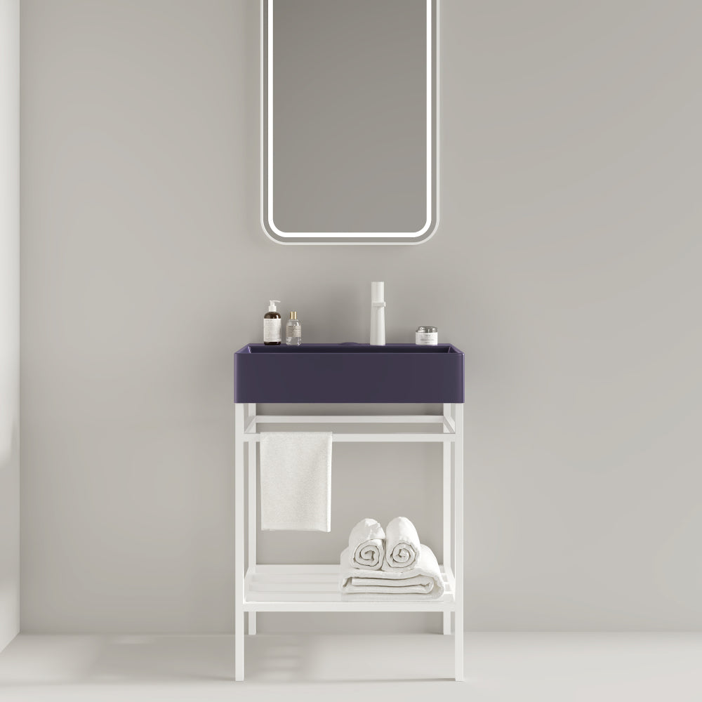 LOFI 24" Bathroom Vanity with Ceramic Basin, Freestanding Bathroom Console Sink Set, Glossy Purple Rectangular Ceramic Basin without Faucet, Open Metal Leg, Storage Shelves, Black Color