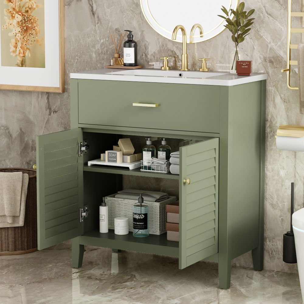 30" Bathroom Vanity with Ceramic Sink Combination, Ample Storage - Features 1 Pullout and Multifunctional Shelf Dividers