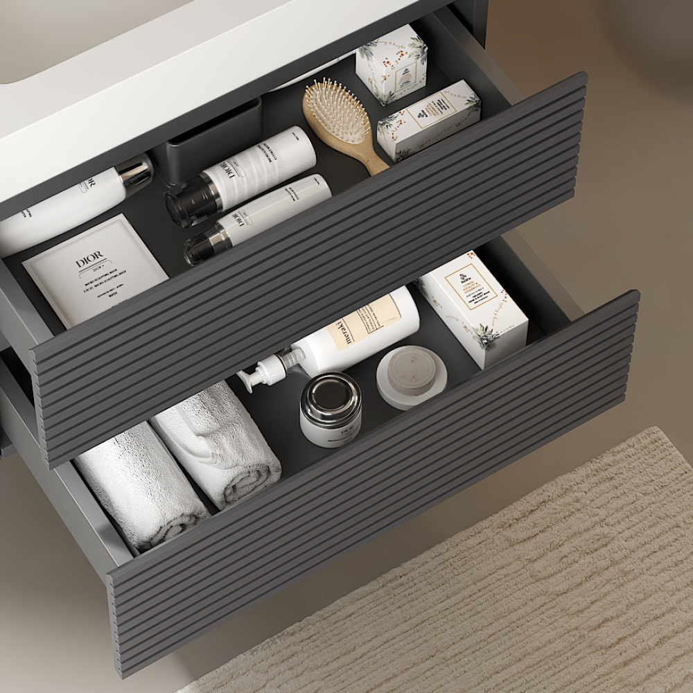 VENO 24" Bathroom Vanity with Undermount Sink, Modern Wall-Mounted Floating Plywood Striped Bathroom Storage Cabinet with 2 Drawers, White Integrated Rectangular Basin without Faucet, Gray Color
