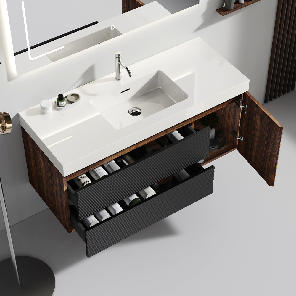 Grace 60" Walnut Bathroom Vanity with Glossy White Solid Surface Sink and Soft Black Drawers, Wall Mounted Floating Bathroom Vanity for Modern Bathroom, One-Piece Glossy White Basin, Pre-assembled