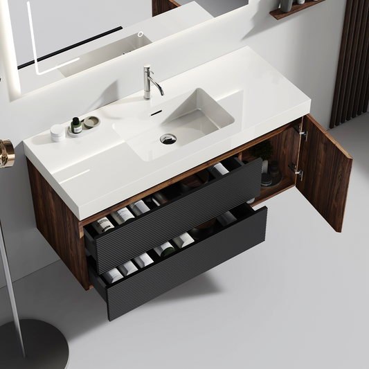 Grace 48" Walnut Bathroom Vanity with Glossy White Solid Surface Sink and Soft Black Drawers, Wall Mounted Floating Bathroom Vanity for Modern Bathroom, One-Piece Glossy White Basin, Pre-assembled