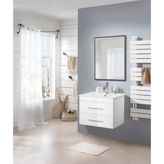 24-Inch White Gloss Wall-Mounted Bathroom Vanity with Double Drawers,Soft-Close System, Ceramic Sink, and Aluminium frame – Create a Modern and Minimalist Bathroom Space!Glossy White
