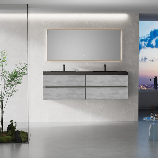 72" Floating Bathroom Vanity with Sink, Modern Wall-Mounted Bathroom Storage Vanity Cabinet with Two Black Quartz Sand Top Basins and Four Soft Close Drawers, EDI-Series Cement Grey 24V12-72GR