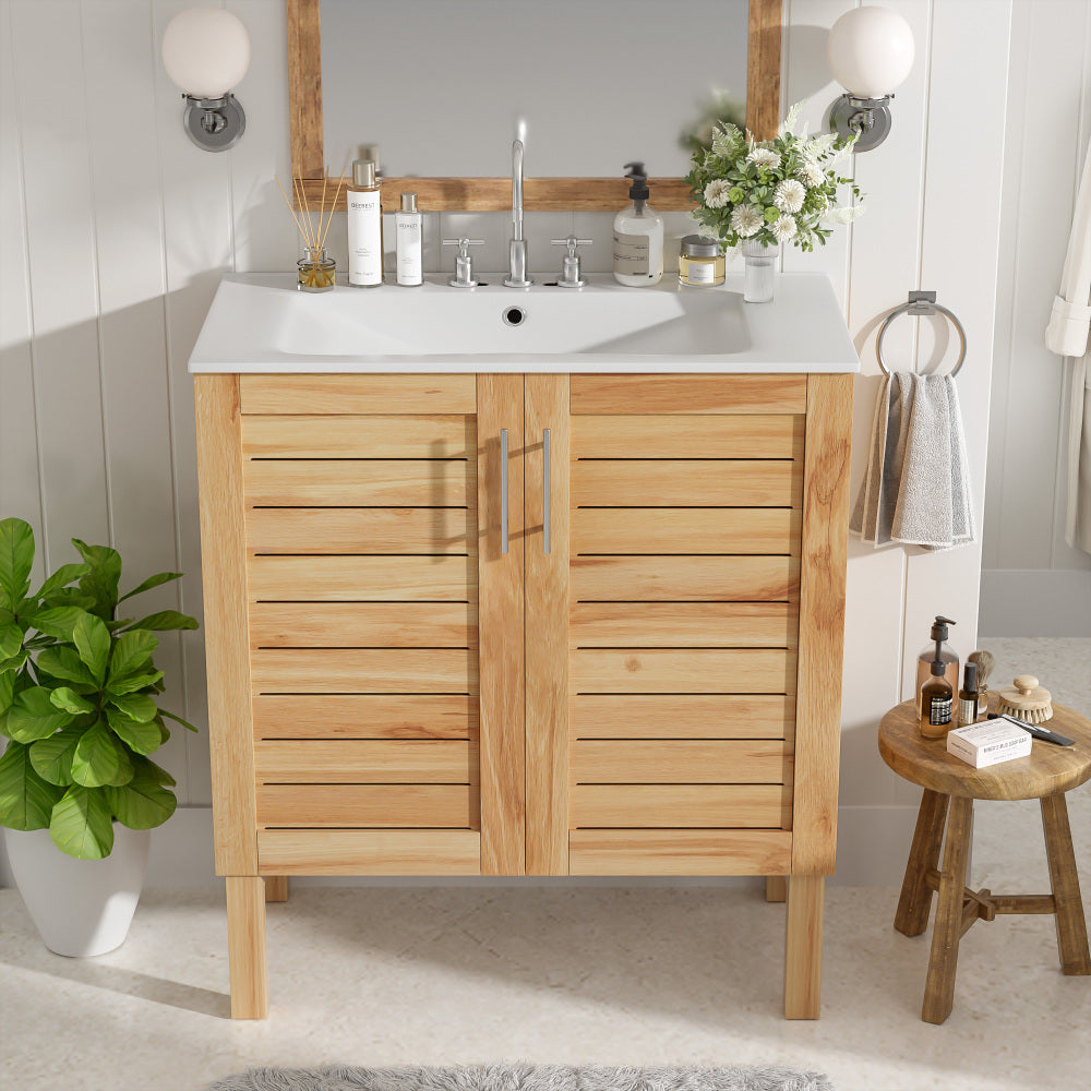 30" Antique Bathroom Vanity with Ceramic Sink, Mid-Century Modern Bathroom Vanity Cabinet with 2 Soft-Close Doors and Large Storage Space, Retro Freestanding Single Bathroom Vanity Set, Natural Brown