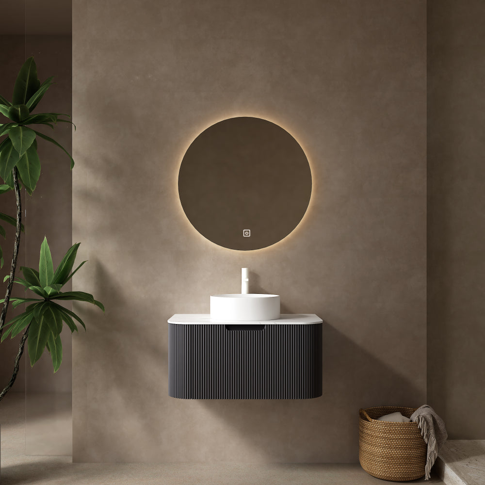 DINA 24" Bathroom Vanity with Sink, Wall-Mounted Floating Curved Edges Striped Bathroom Storage Cabinet with Drawer, White Round Ceramic Basin with Stone Pattern, Pre-assembled, Light Green Color