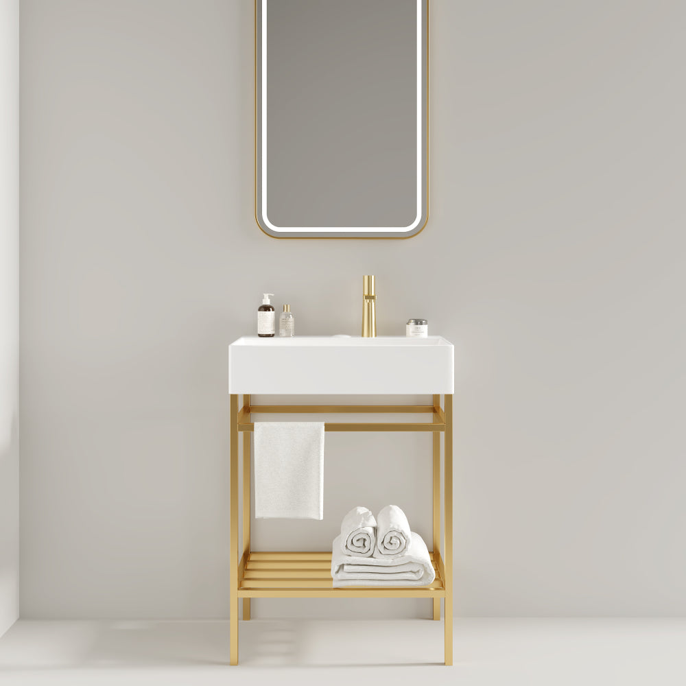 LOFI 24" Bathroom Vanity with Ceramic Basin, Freestanding Bathroom Console Sink Set, Glossy Purple Rectangular Ceramic Basin without Faucet, Open Metal Leg, Storage Shelves, Gold Color