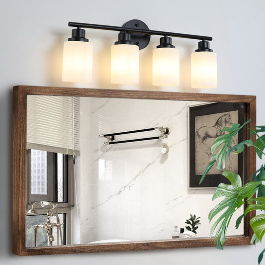 24" Modern 4-Light Vanity Bathroom Mirror Light, Frosted White Glass with Black Iron Frame, Contemporary Wall Sconce for Bedroom, Bathroom, And Dressing Room (Bulb Not Included)