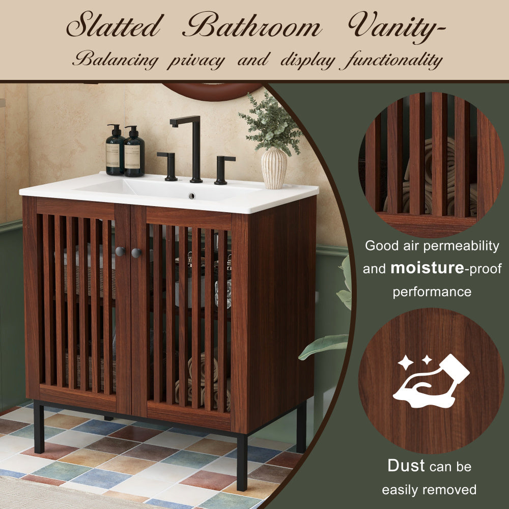 30" Vintage Bathroom Vanity with Ceramic Sink, Modern Bathroom Vanity Cabinet with 2 Soft-Close Doors (Fence-Design) and Large Storage Space, Equpiied with 4 Sturdy Iron Legs, Antique Dark Brown