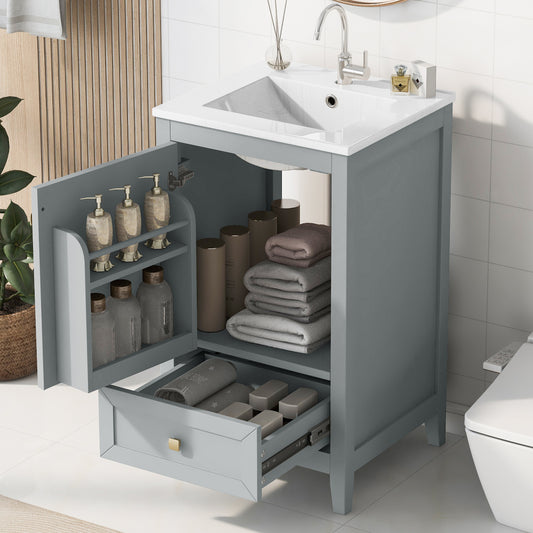 20" Bathroom Vanity with Sink, Bathroom Cabinet with Soft Closing Door, Storage Rack and A Drawer, Grey
