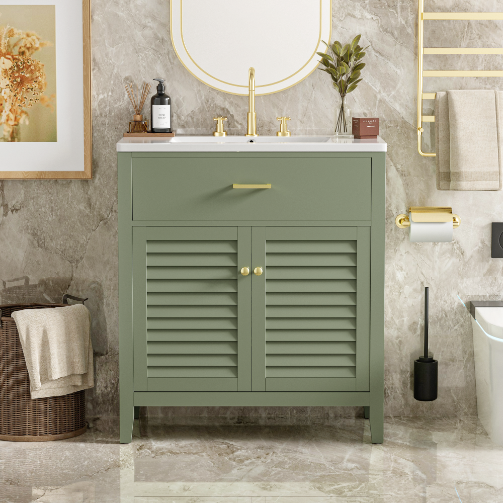 30" Bathroom Vanity with Ceramic Sink Combination, Ample Storage - Features 1 Pullout and Multifunctional Shelf Dividers
