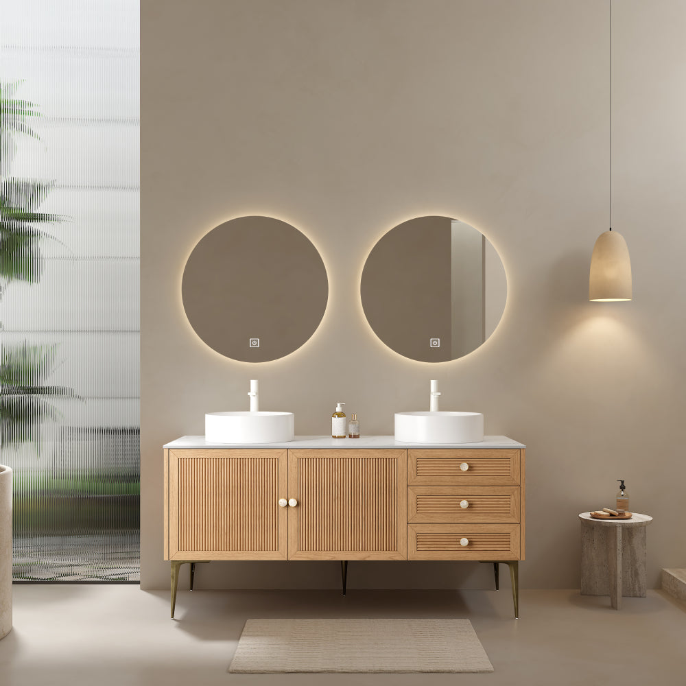 MUNIN 60" Bathroom Vanity with 2 Sinks, Freestanding Plywood Storage Cabinet with 5 Metal Legs, 3 Drawers and 2 Doors, White Ceramic Basin without Faucet, Pre-assembled, Oak Woodgrain Color