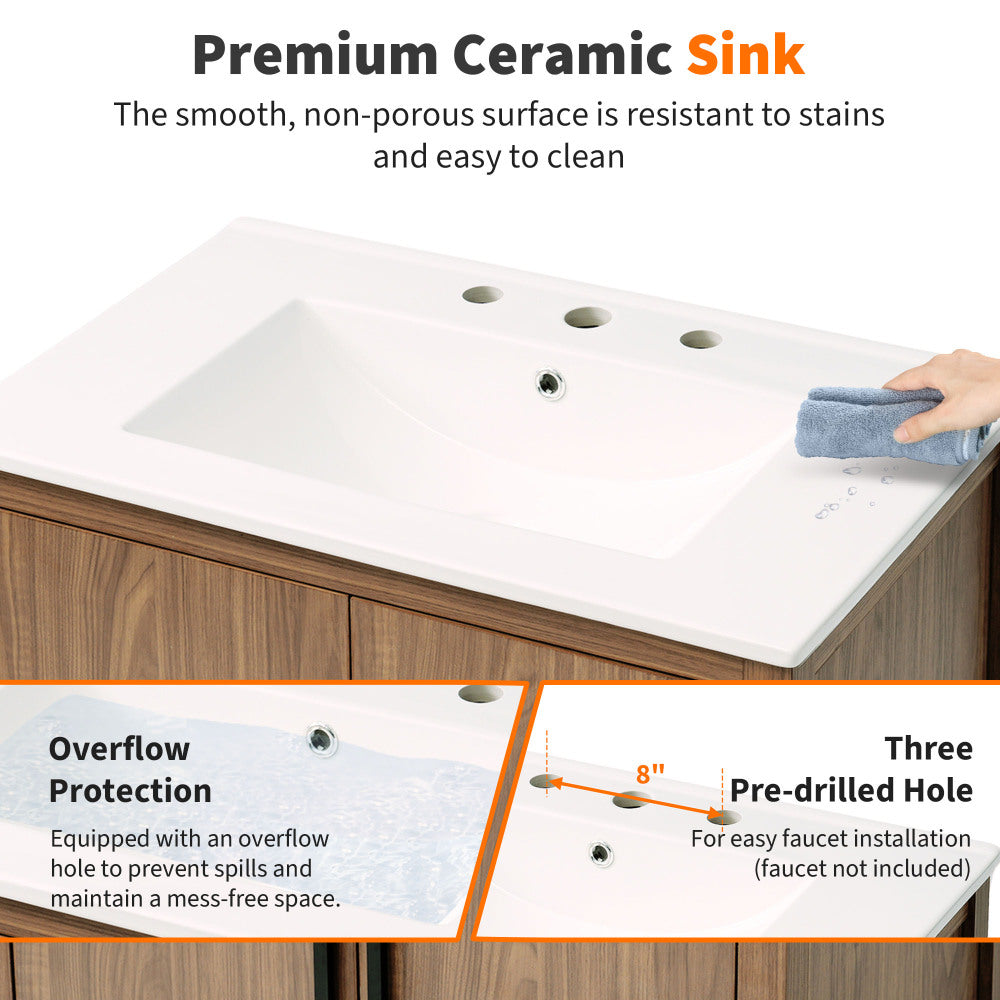 30" Wood Color Bathroom Vanity with Single Sink, Combination Under Counter Sink, Bathroom Storage Cabinet with Soft Closing Door, Multi-Function Storage, Solid Wood Frame