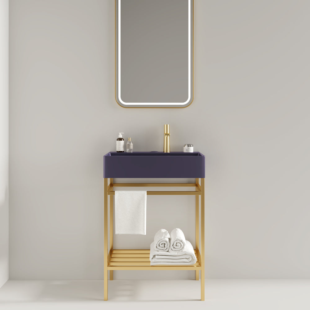 LOFI 24" Bathroom Vanity with Ceramic Basin, Freestanding Bathroom Console Sink Set, Glossy Purple Rectangular Ceramic Basin without Faucet, Open Metal Leg, Storage Shelves, Black Color