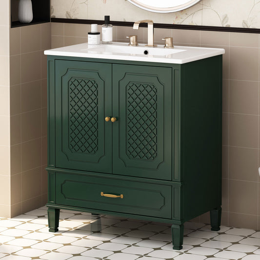 30" Bathroom Vanity with Sink Vintage Style, Multi-functional Storage Space, Door Shelf, Soft-closing Door, Dark Green