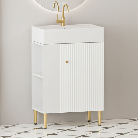 21.6" Open-shelving Bathroom Vanity with Ceramic Sink and Soft-Closing Door, Cloakroom Open Shelf Storage Cabinet on the Left Side, Assembly Required, White 24VB06-21WHL