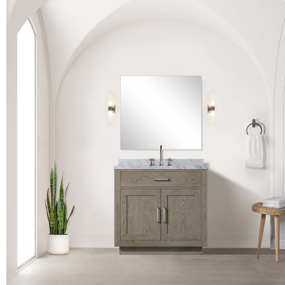 Grey Oak Single Bath Vanity 36 in. W x 22 in. D, Carrara Marble Top, and Faucet Set