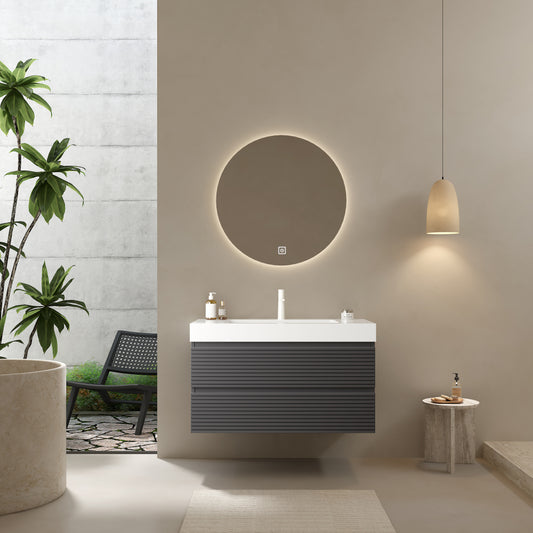 VENO 36" Bathroom Vanity with Undermount Sink, Modern Wall-Mounted Floating Plywood Striped Bathroom Storage Cabinet with 2 Drawers, White Integrated Rectangular Basin without Faucet, Gray Color