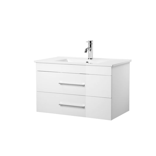 32-Inch White Gloss Wall-Mounted Bathroom Vanity with Double Drawers, Soft-Close System,Ceramic Sink, Create a Modern and Minimalist Bathroom Space!