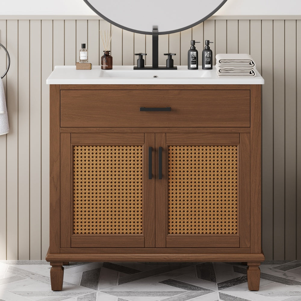 30" Antique Bathroom Vanity with Ceramic Sink, Mid-Century Modern Bathroom Vanity Cabinet with 2 Soft-Close Doors and Large Storage Space, Retro Freestanding Single Bathroom Vanity Set, Natural Brown