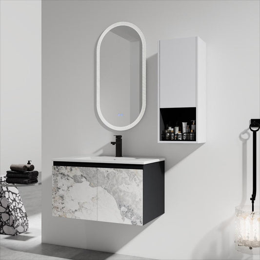 30" Wall-Mounted Bathroom Vanity With Ceramic Sink and Side Cabinet & Soft Close Doors, Combination Cabinet (KD-Package)