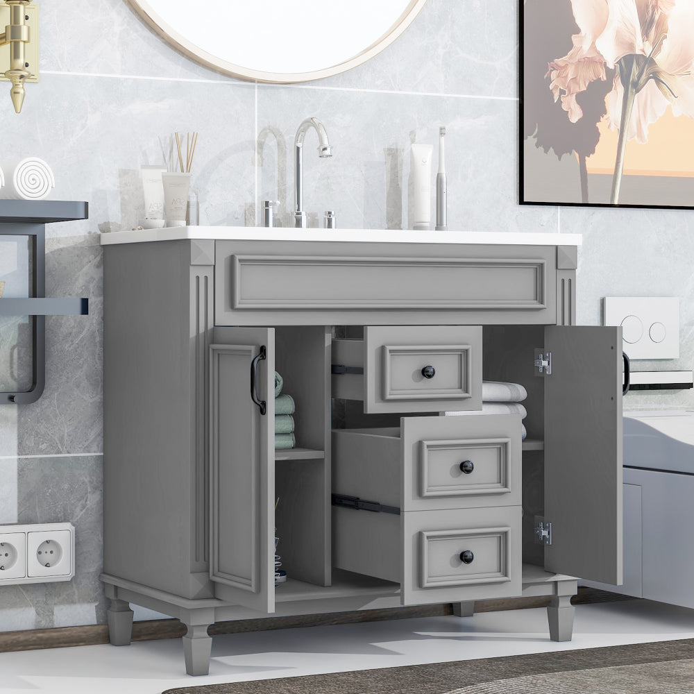 36'' Bathroom Vanity with Top Sink, Black Mirror Cabinet, Modern Bathroom Storage Cabinet with 2 Soft Closing Doors and 2 Drawers, Single Sink Bathroom Vanity