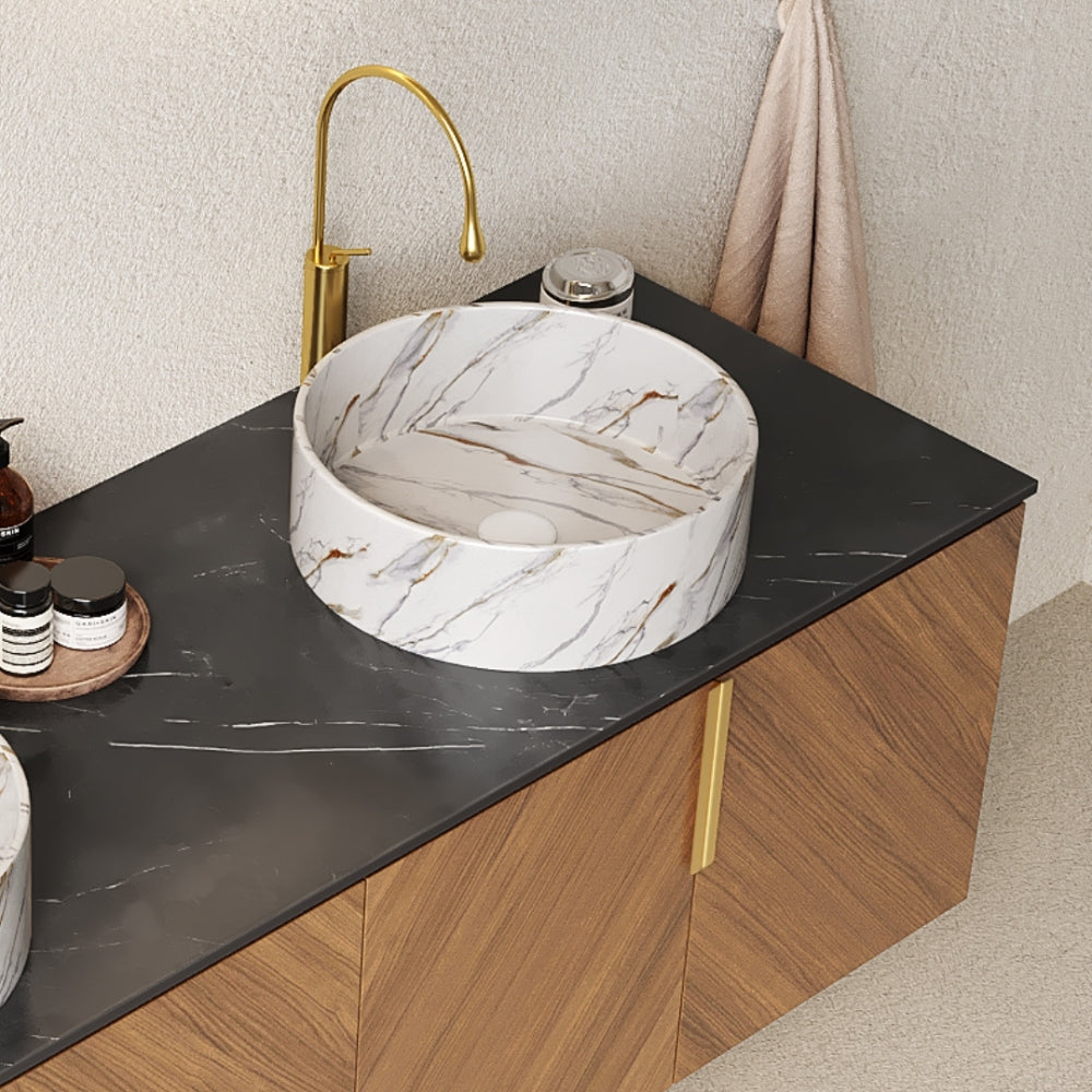 ARAI 60" Bathroom Vanity with Sink, Modern Wall-Mounted Plywood Bathroom Storage Cabinet with 4 Doors, Black Sintered Stone Countertop and 2 White Round Ceramic Basins, Espresso Woodgrain Color