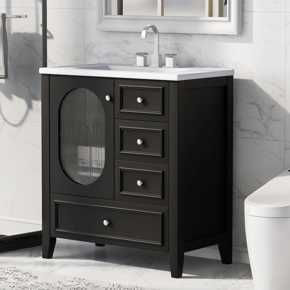 30" Bathroom Vanity with Sink, Bathroom Vanity Cabinet with Three Drawers and Door, Solid Wood and MDF, White