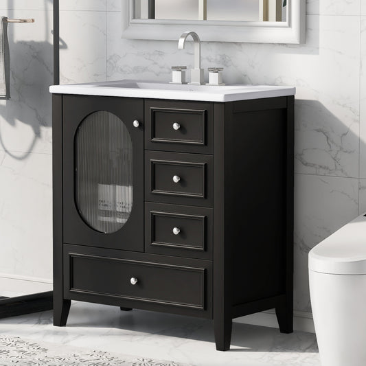 30" Bathroom Vanity with Sink, Bathroom Vanity Cabinet with Three Drawers and Door, Solid Wood and MDF, Black