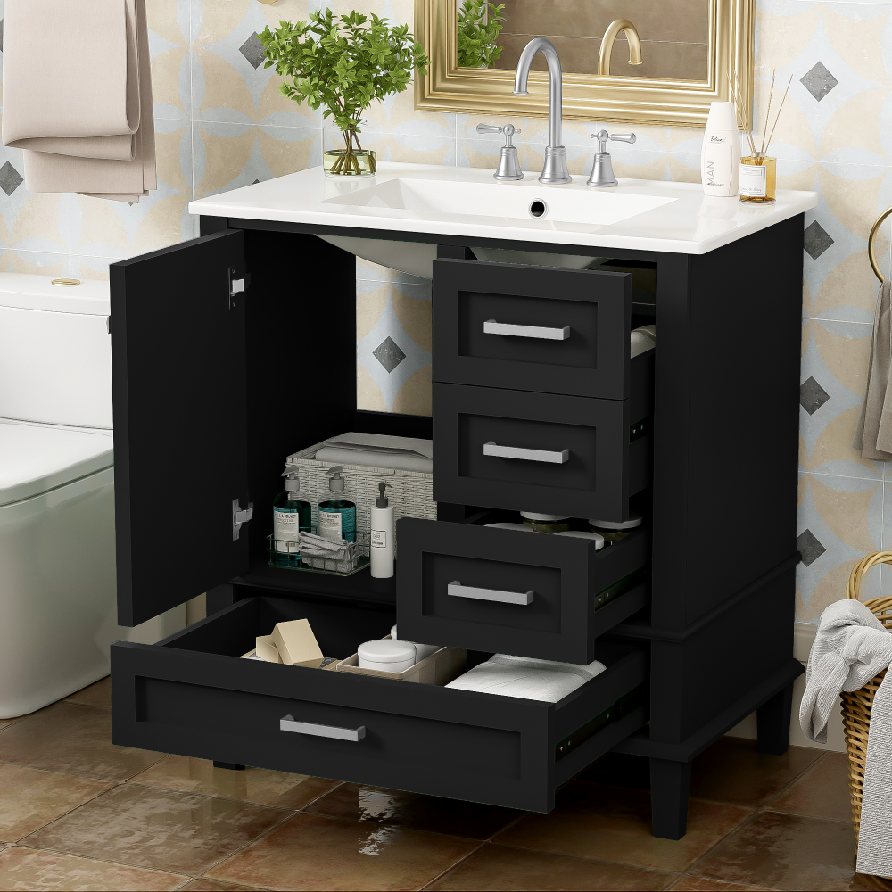 30" Bathroom Vanity , Modern Bathroom Cabinet with Sink Combo Set, Bathroom Storage Cabinet with a Soft Closing Door and 3 Drawers, Solid Wood Frame(White)