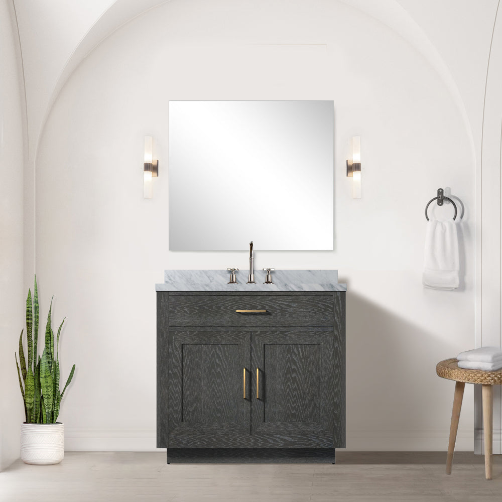 Grey Oak Single Bath Vanity 36 in. W x 22 in. D, Carrara Marble Top, and Faucet Set