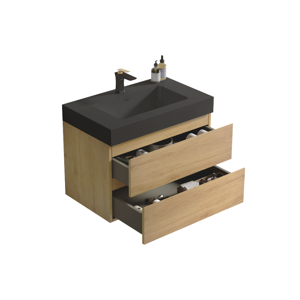 U091-Alice30W-106 Alice 30" Natural Oak Bathroom Vanity with Sink, Large Storage Wall Mounted Floating Bathroom Vanity for Modern Bathroom, One-Piece Black Sink Basin WITHOUT Drain, Pre-assembled
