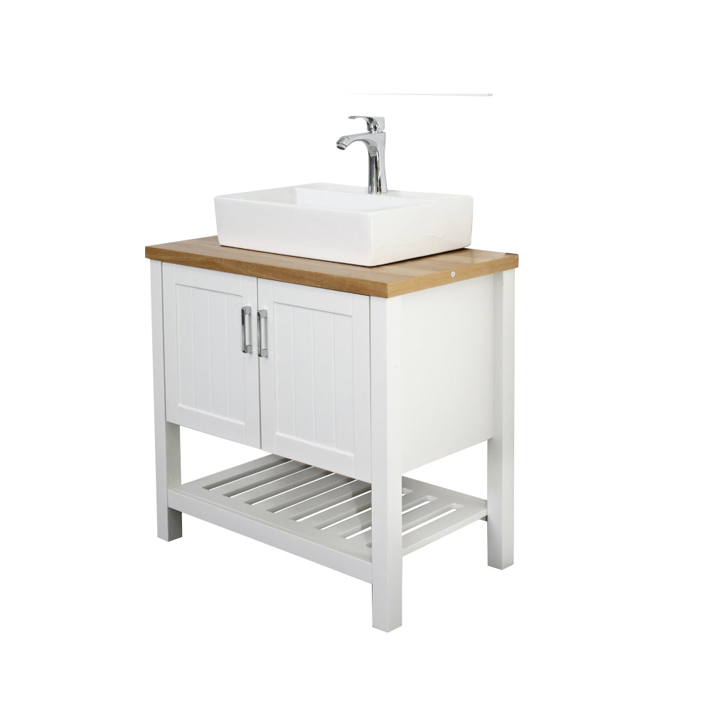 32" Bathroom Vanity with Sink,Single Bathroom Vanities Cabinet with Doors and Open Shelf,Solid Wood Small Vanity with Sink Set,for Bathroom,White+Natural